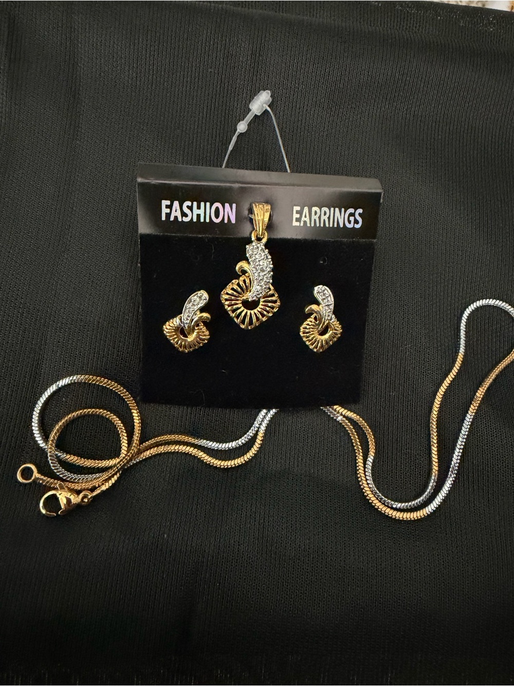 Gold and Silver Two-Tone Crystal Pendant & Earring Set -